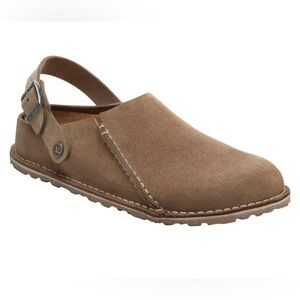 Like-new unworn Birkenstock Lutry suede mules in gray taupe size 37 (6.5)
